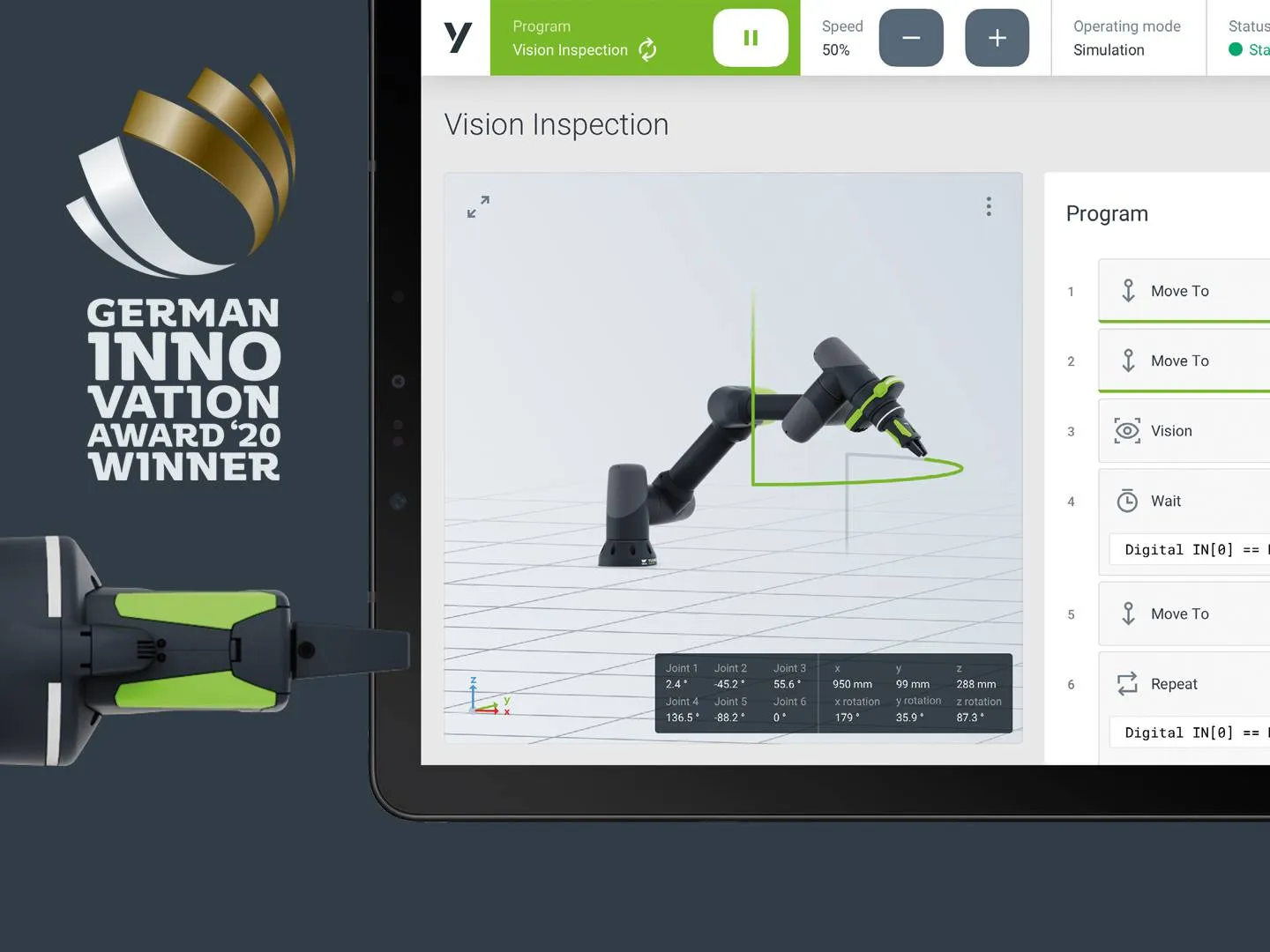 Digitales Interface eines Roboters mit Auszeichnung „German Innovation Award“. Perfektes Motiv für Technologie-, UX- und Innovationskommunikation.