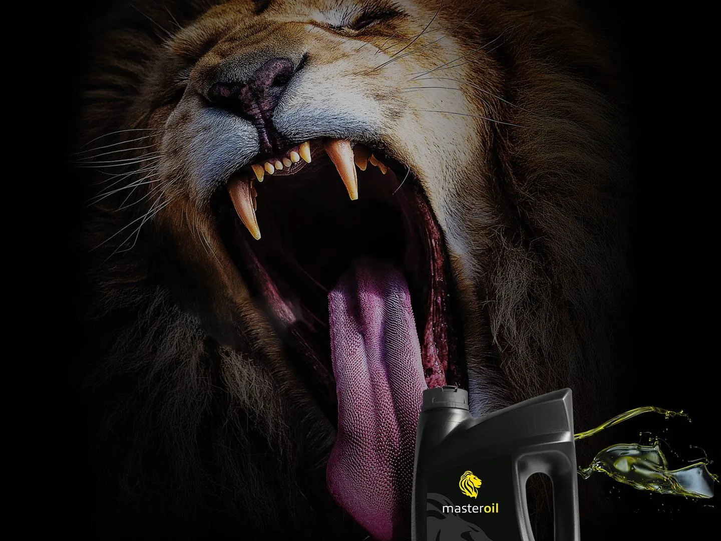 Brüllender Löwe und Ölkgebinde bilden ein kraftvolles Keyvisual. Starke Markeninszenierung für Automotive, Kampagnen und emotionales Branding.
