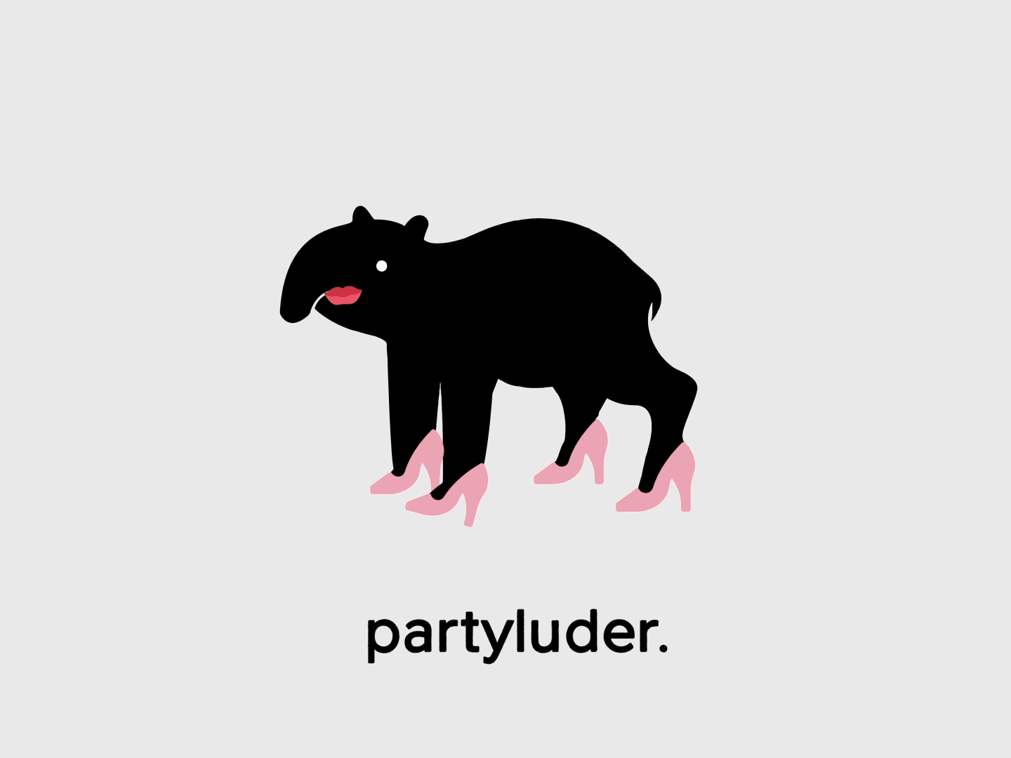 Humorvolle Grafik eines Tapirs mit High Heels und dem Schriftzug „partyluder“. Kreatives Visual für Branding, Social Media und originelles Storytelling.