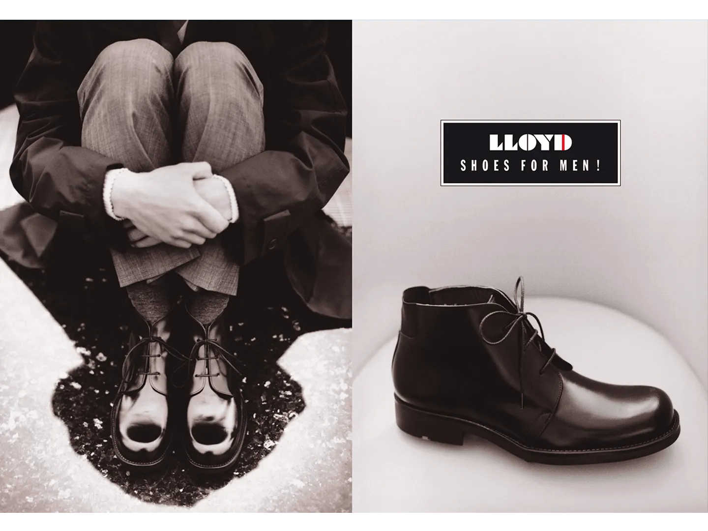 Klassisches Schuhmotiv in Schwarz-Weiß mit Markenlogo. Zeitloses Keyvisual für Modekampagnen, Produktinszenierungen und Branding im Premiumsegment.