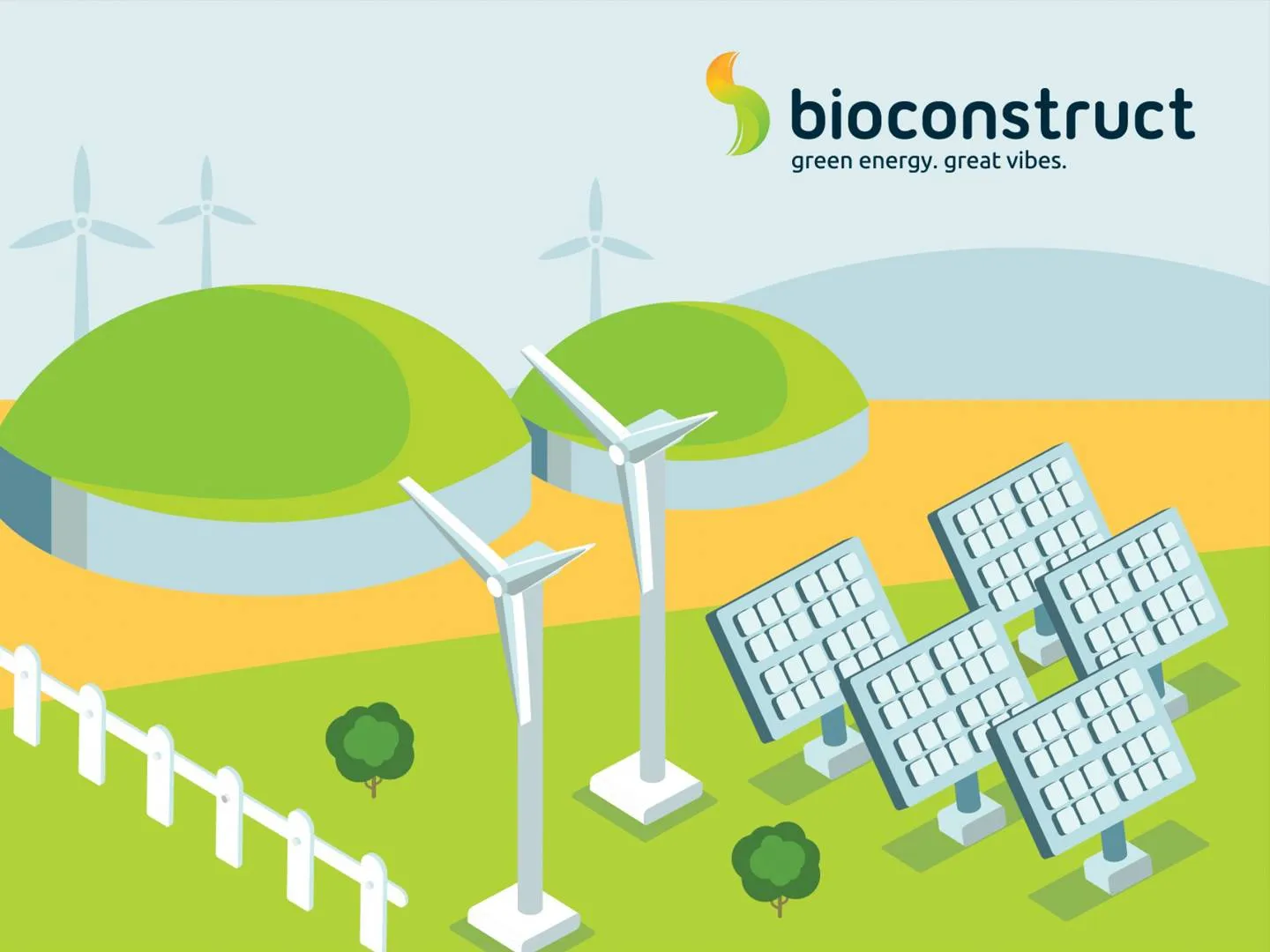 Farbige Energielandschaft mit Windrädern, Solarpanels und Biogasanlagen. Visual für Kampagnen zu grüner Energie, Nachhaltigkeit und Innovation.