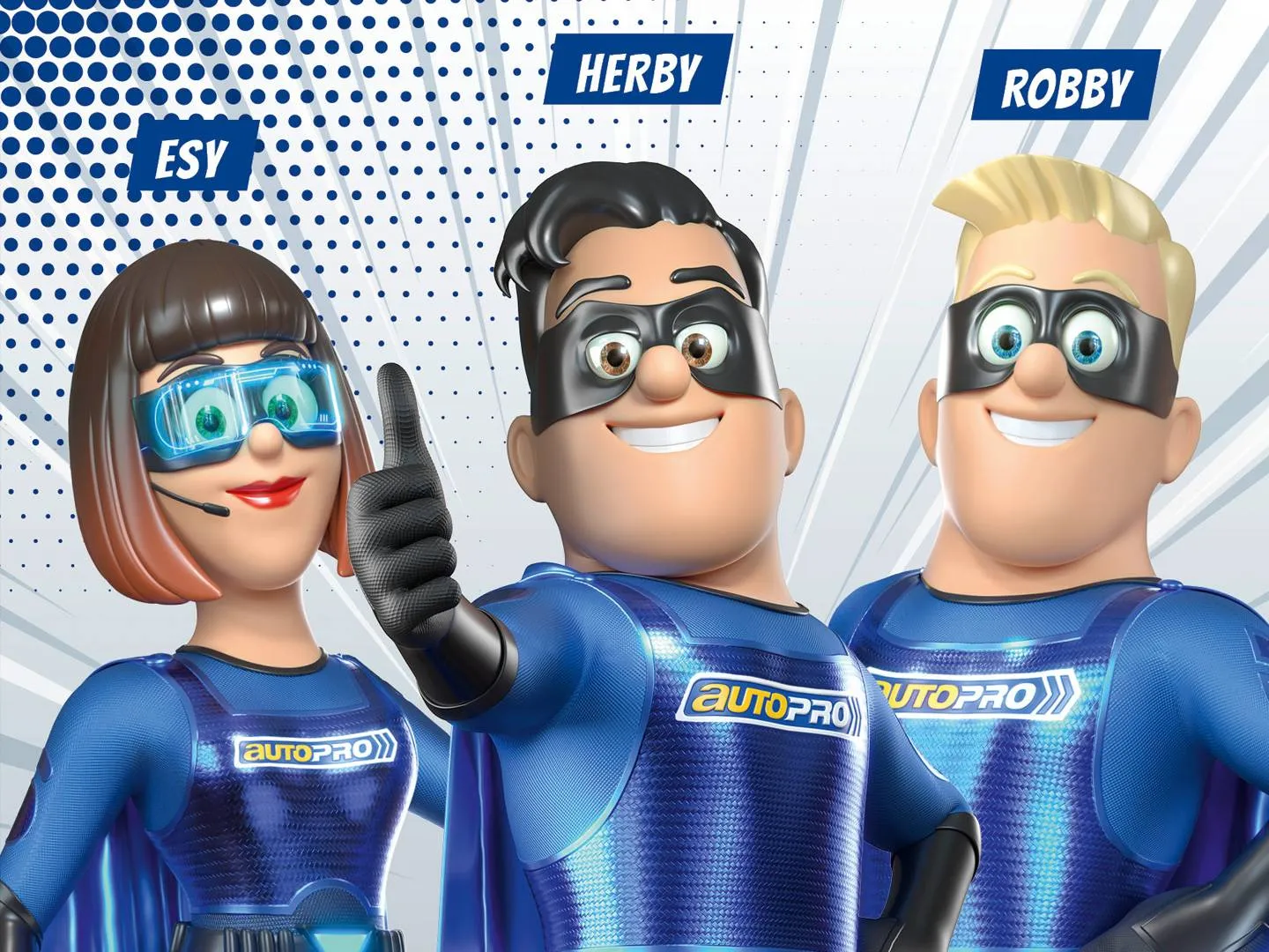 Drei Comic-Helden mit Masken und Markenlogo. Ausdrucksstarkes Kampagnenmotiv für Branding, Storytelling und visuelle Markenkommunikation.