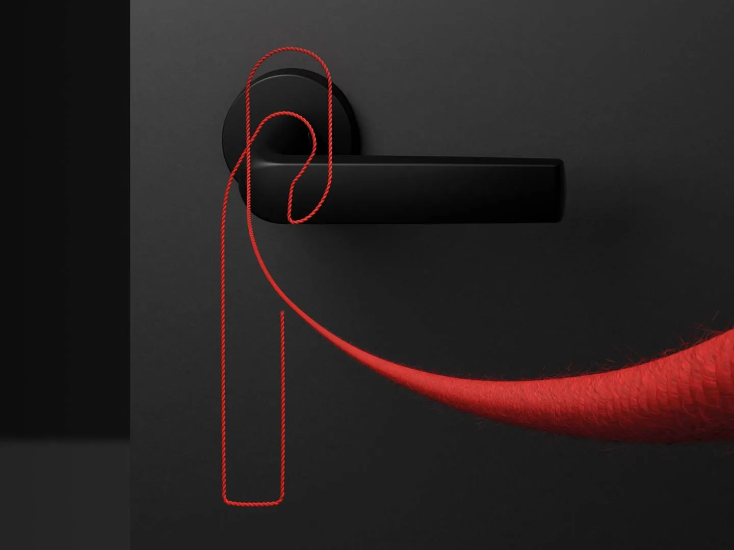 Türgriff mit rotem Faden als starkes visuelles Symbol für Storytelling, Markenführung und strategische Kommunikationskonzepte.