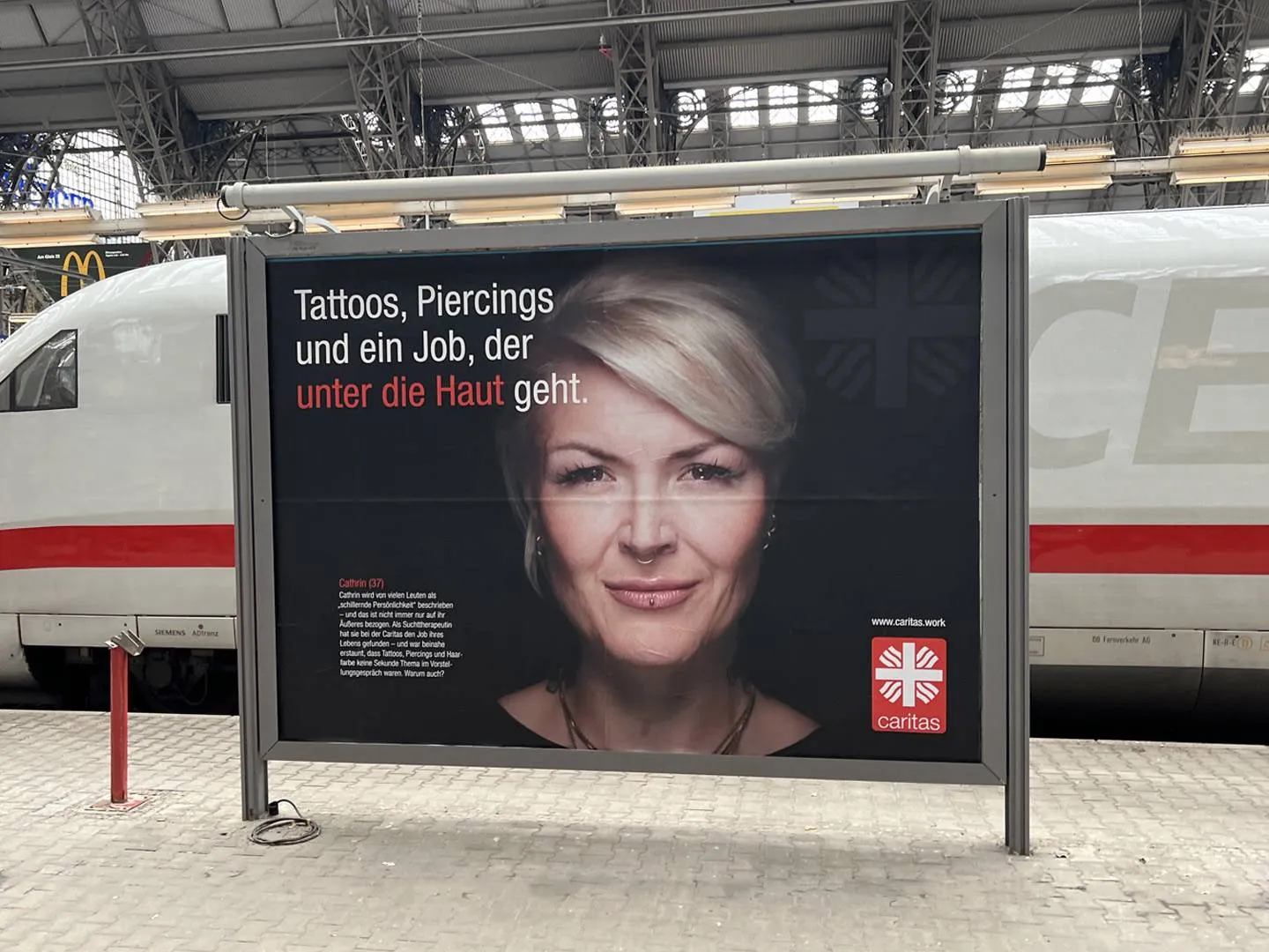 Outdoor-Werbeplakat mit Frau und Text „Tattoos, Piercings und ein Job, der unter die Haut geht.“ Emotionales Motiv für Recruitingkampagnen.