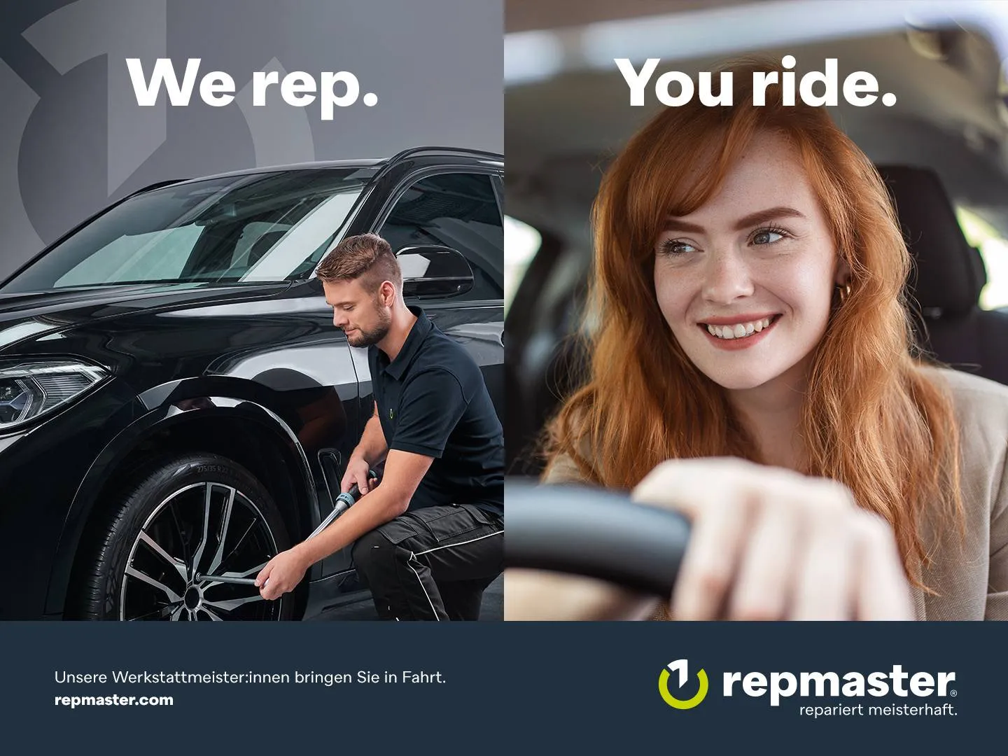 Werbemotiv für Autowerkstatt mit Mechaniker und Fahrerin. Ideal für Kampagnen mit Servicefokus, Vertrauen und Mobilität.