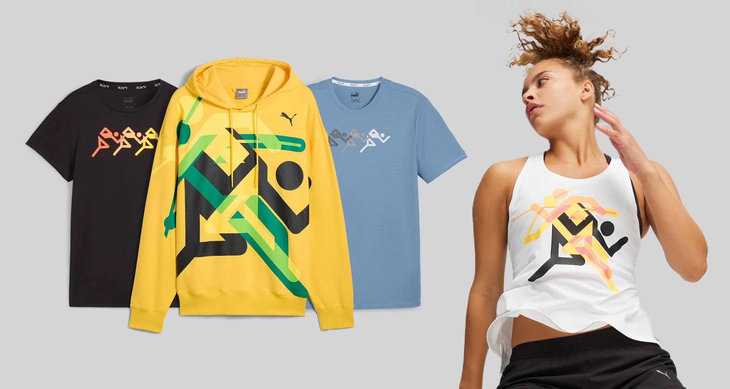 Farbige PUMA Sportkleidung mit ikonischem Grafikdesign und Sportlerin in Action. Starke Markeninszenierung für Kampagnen und Lifestyle.