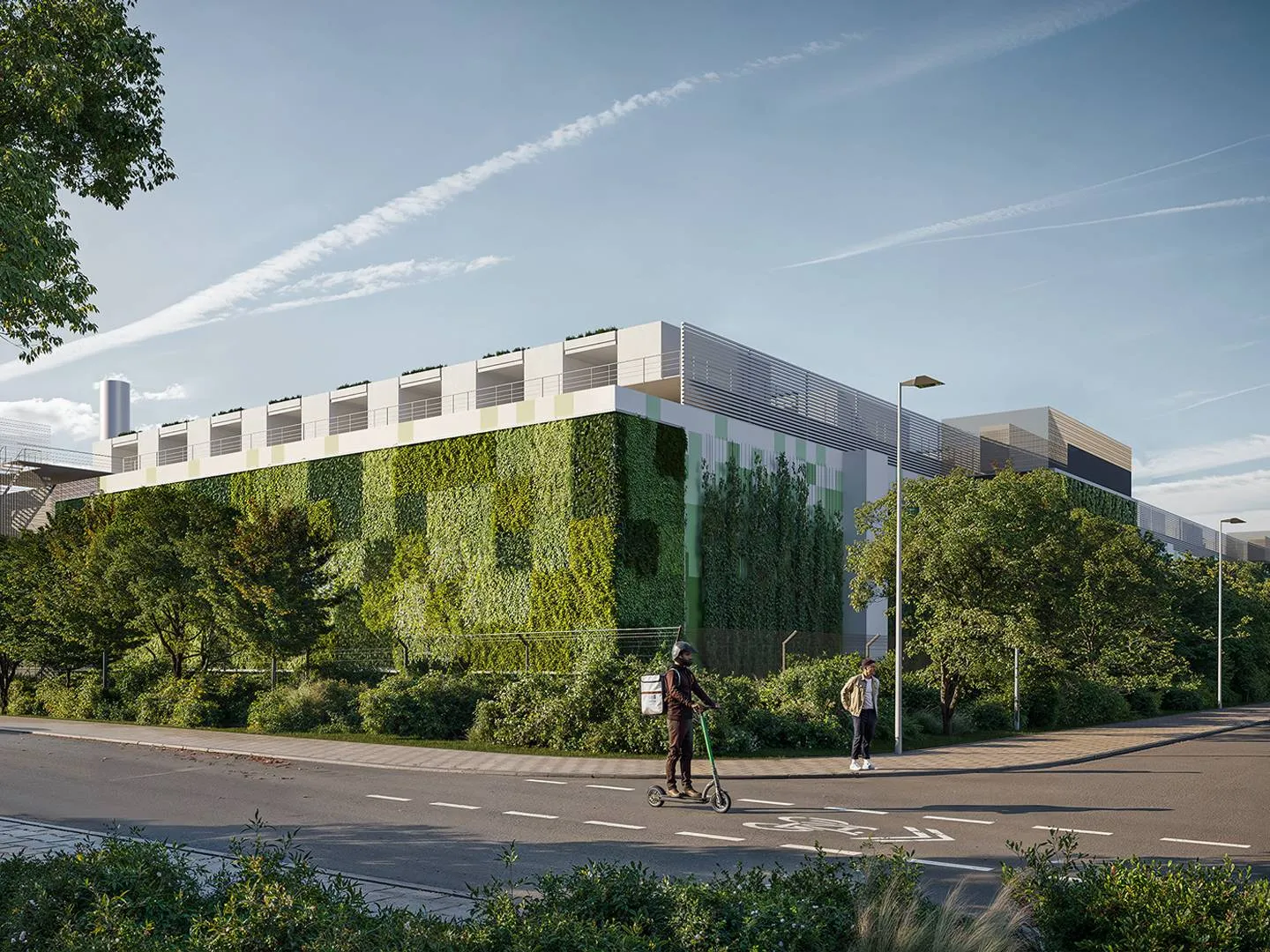 Modernes Gebäude mit vertikaler Grünfassade bei sonnigem Wetter. Ideal für Nachhaltigkeitskampagnen, Architektur-Branding und Corporate Design.