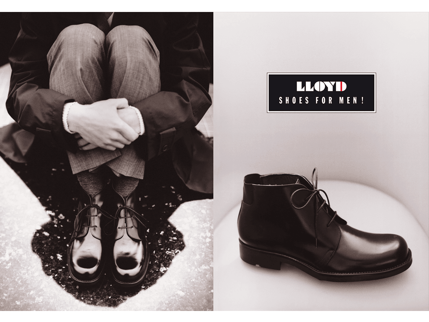 Klassisches Schuhmotiv in Schwarz-Weiß mit Markenlogo. Zeitloses Keyvisual für Modekampagnen, Produktinszenierungen und Branding im Premiumsegment.