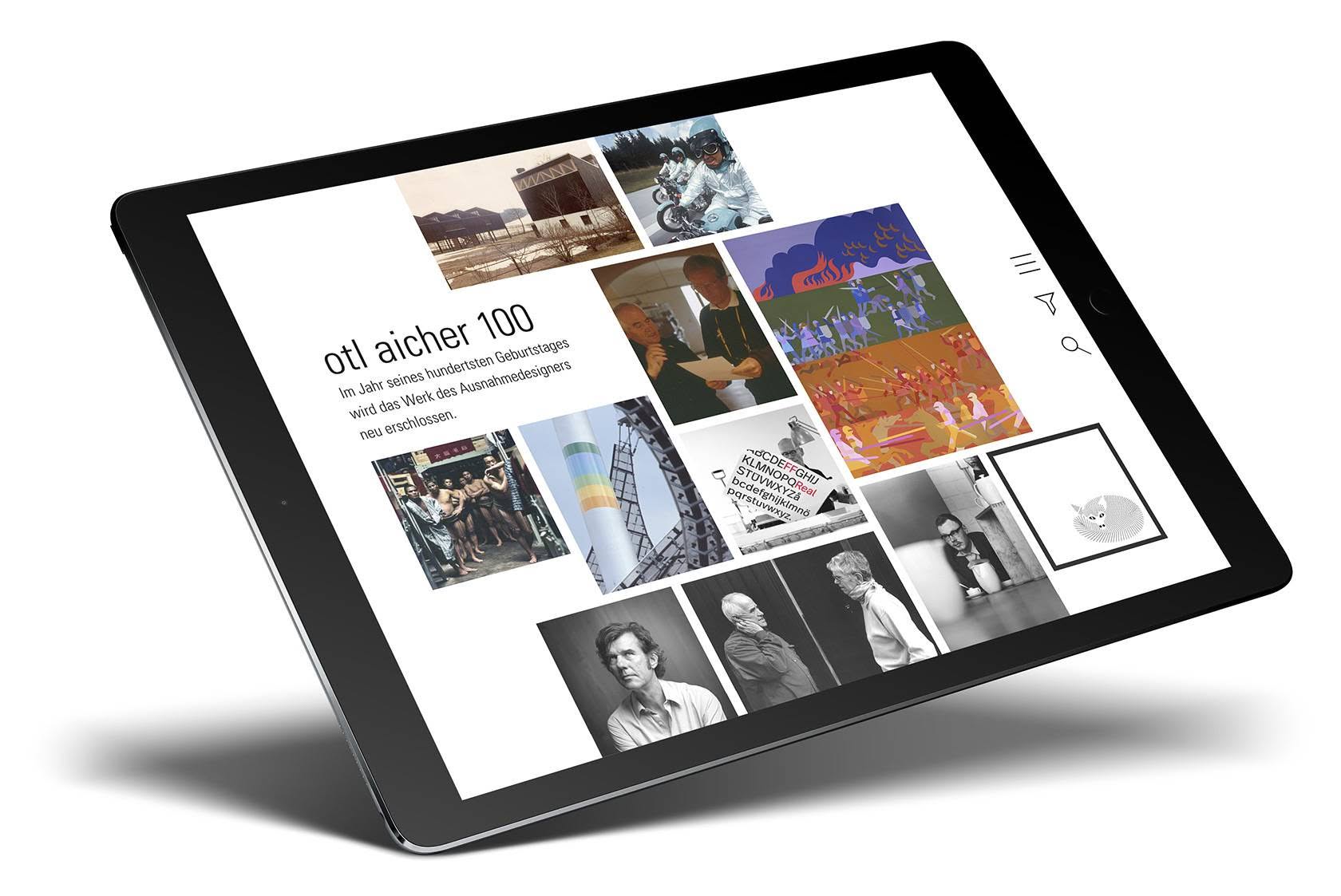 Tablet-Ansicht der Otl-Aicher-100-Website – digitale Hommage an den Designpionier