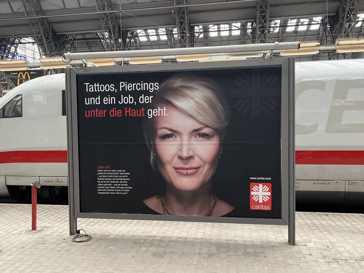 Outdoor-Werbeplakat mit Frau und Text „Tattoos, Piercings und ein Job, der unter die Haut geht.“